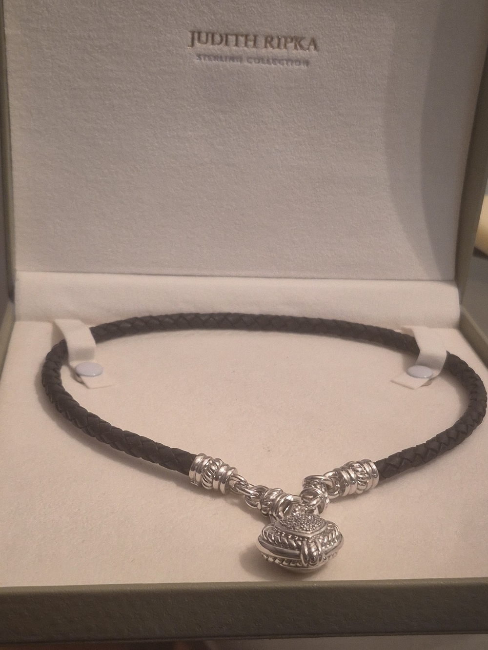 Judith Ripka Brown Braided Leather Necklace with Silver Heart Charm